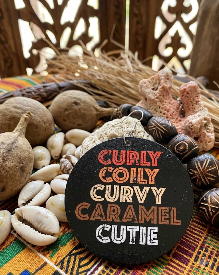 curly coily curvy caramel cutie earrings natural hair jewelry afrocentric accessories black girl ear candy african american accessory fashion outfit idea clothing gift birthday christmas kwanzaa unique cheap different black owned woman minority business support a sista