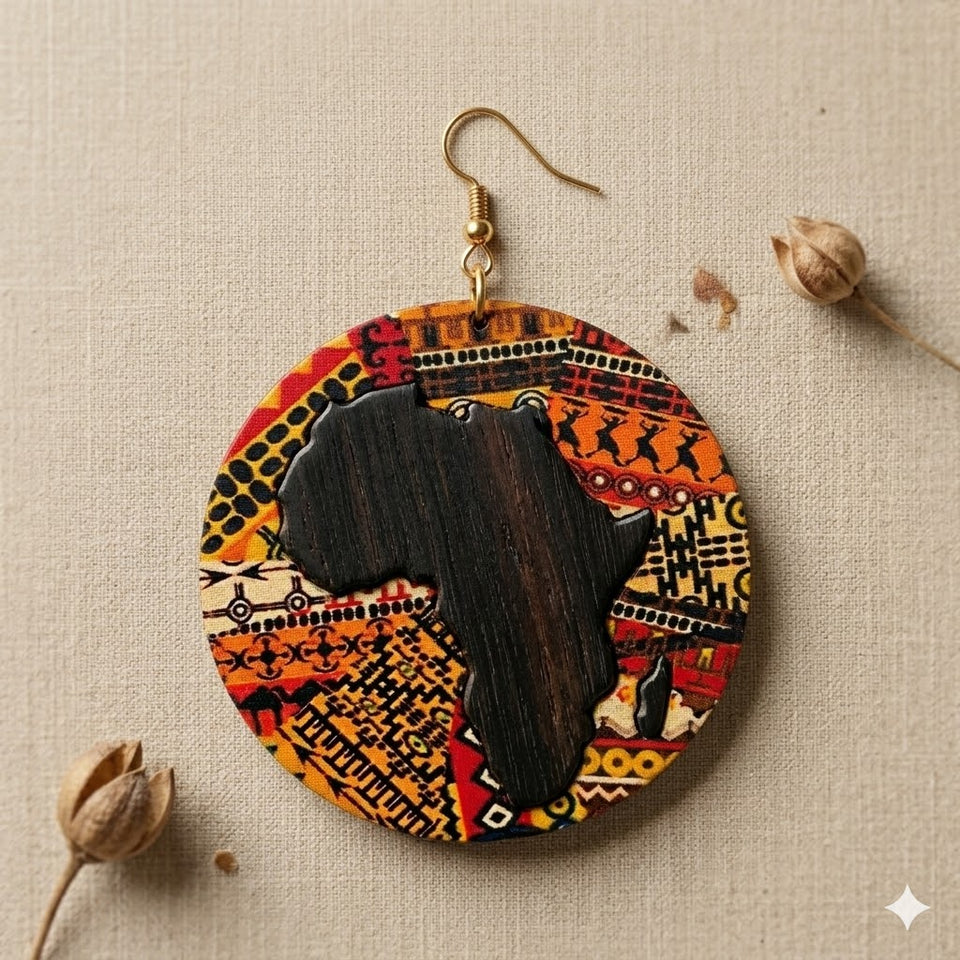 A circular, Africa-shaped earring featuring a Kente print design with a silhouette of the African continent in black.

