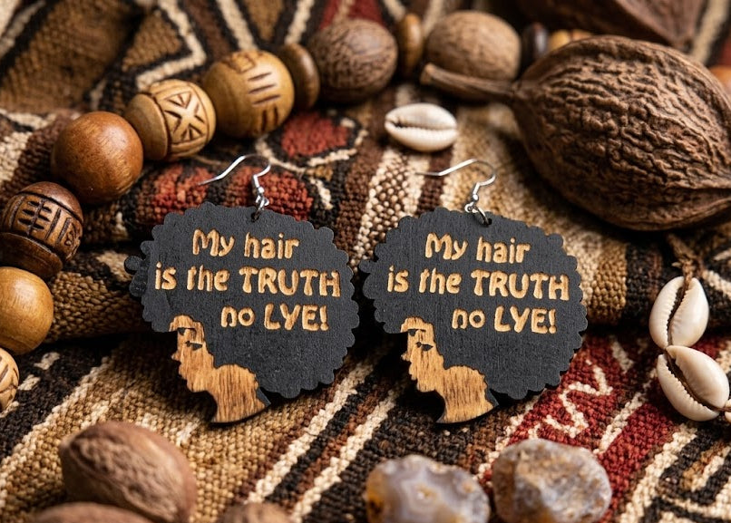 black my hair is the truth no lye earrings afrocentric natural hair jewelry accessories fashion afro wooden twa urban unique african american